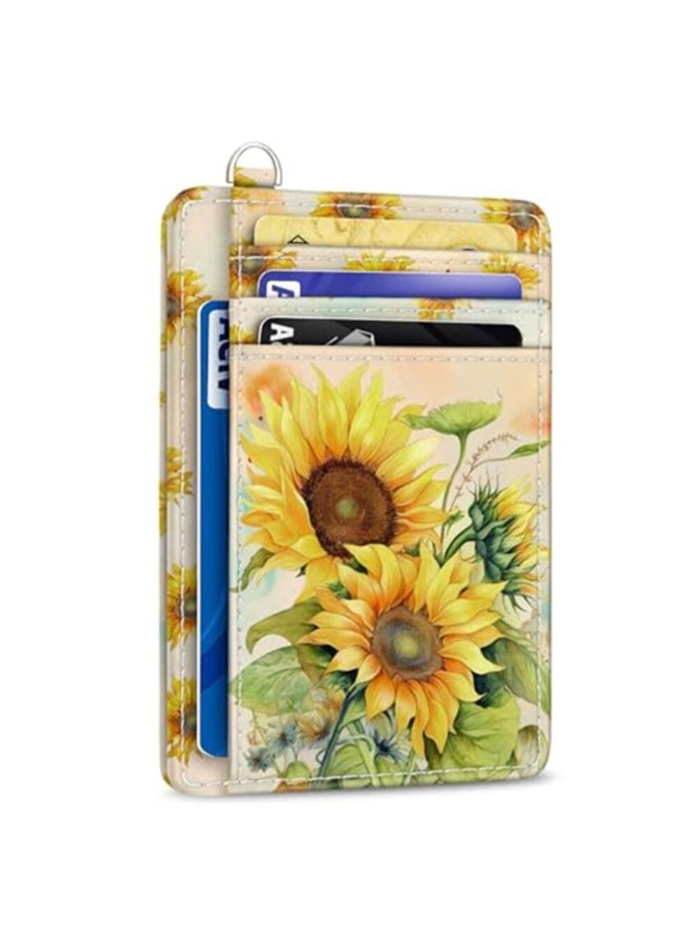 Sunflower RFID Wallet Womens Slim Card Holder Keychain Mini Wallet Leather